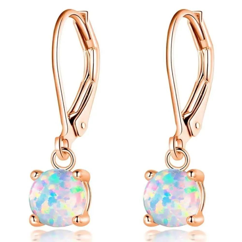 14K Rose Gold with Round Genuine White Fire Opal Hoop Leverback Drop Earrings